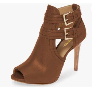XYD Brown Peep Toe Sandal Ankle Booties Dual Buckled Straps Stiletto Heels Pumps